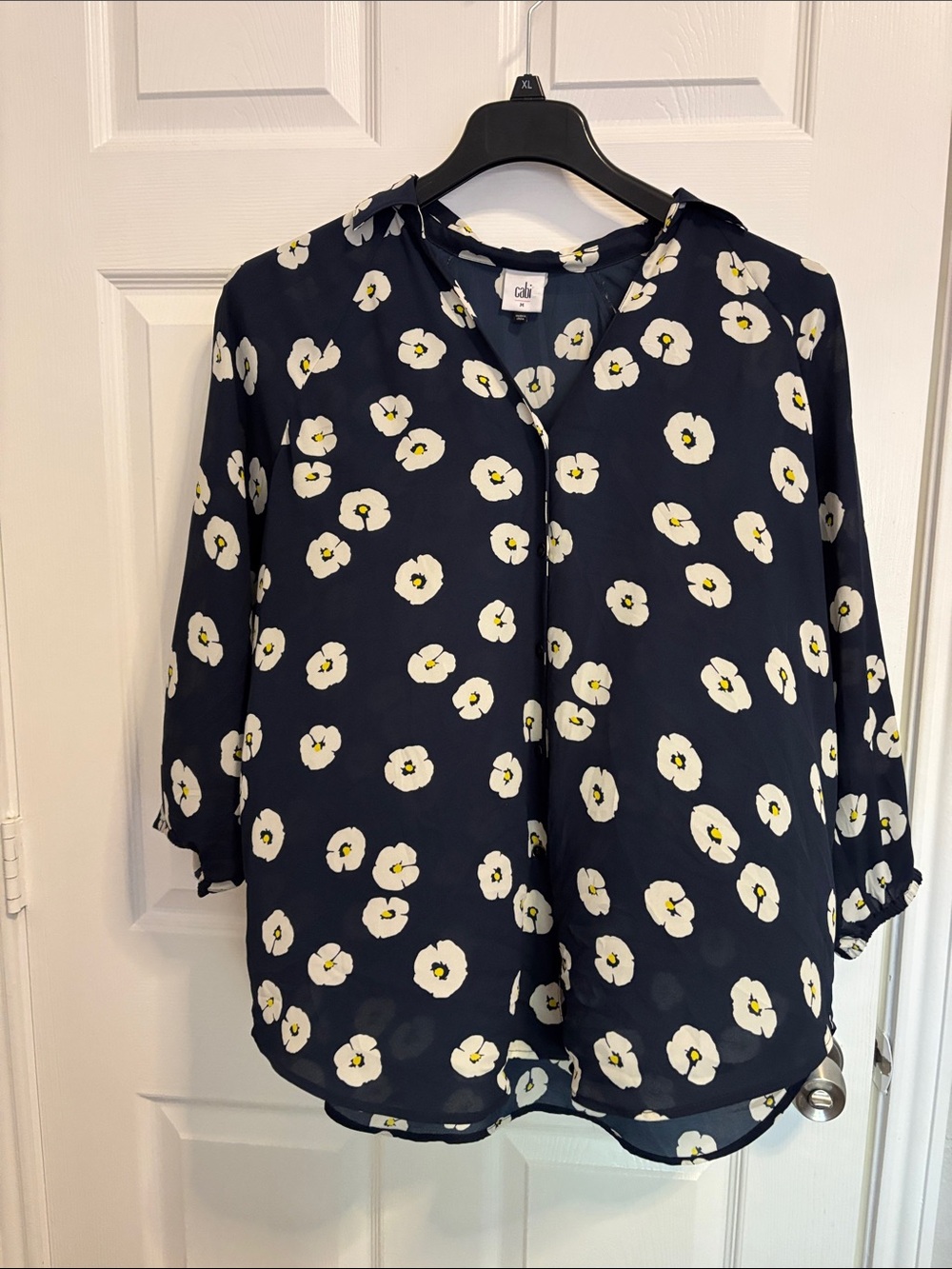 CAbi Navy Floral Print Blouse - Lightweight V-Neck Button-Front